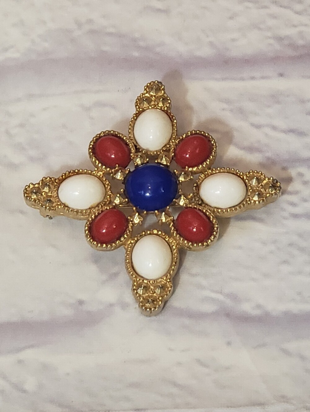 Vintage SARAH COVENTRY Maltese Cross Brooch Pin Red White Blue
